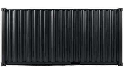 Black shipping container standing upright isolated on transparent background