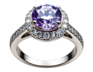 Elegant purple and white ring with central diamond isolated on transparent background  