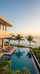Fototapeta premium Luxurious beachfront villa with infinity pool overlooking the ocean at sunset views