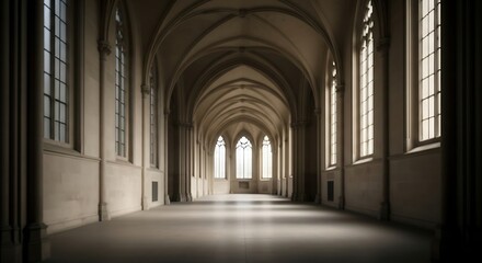 Obraz premium Magnificent Gothic architecture of a hallway with arches and natural light streaming through