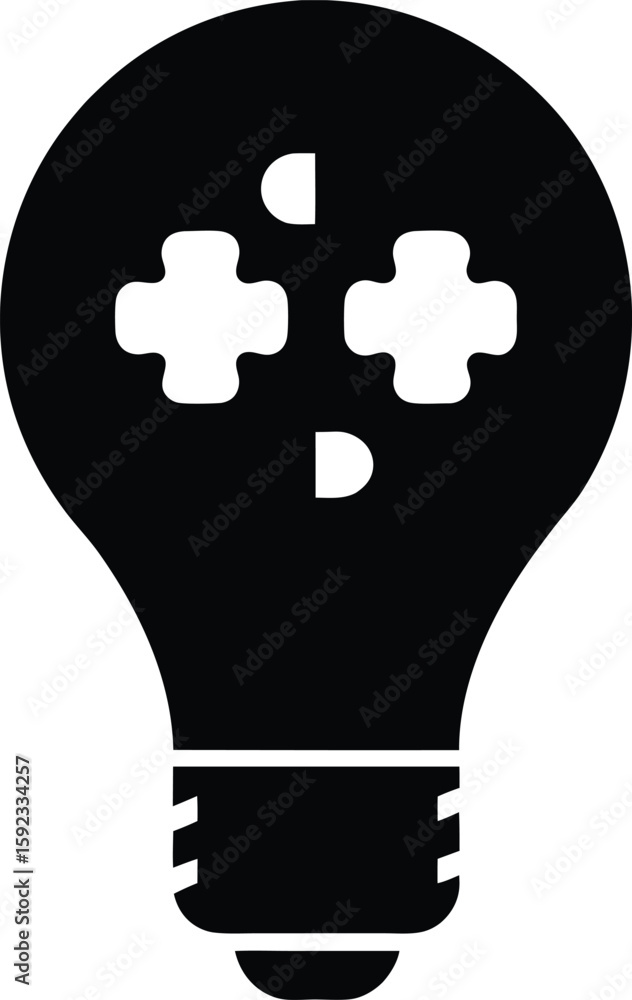 Poster conceptual light bulb silhouette filled with interlocking puzzle pieces representing ideas and solut