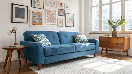 Living Room with Blue Sofa and Abstract Wall Art