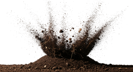 An explosion of soil and dirt with visible roots, scattering upwards and outwards from a mound, isolated on a transparent background