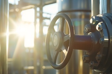 A close up of an industrial valve with sunlight gleaming through its metallic structure set against a blurred background