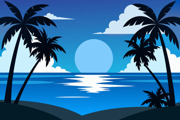 Obraz premium Tropical Beach at Night with Full Moon Reflection – Vector Illustration