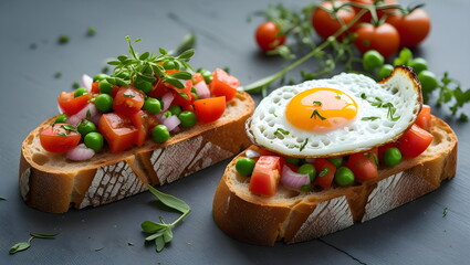 Fresh Bruschetta with Fried Egg, Peas, and Tomatoes