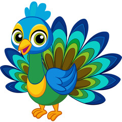 Fototapeta premium Cute Cartoon Peacock with Colorful Feathers - Vector Illustration