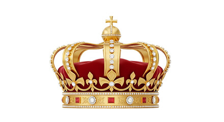 A richly detailed golden crown adorned with diamonds and a red velvet cushion, isolated on a transparent background