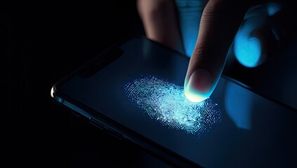 Fingertip scans a smartphone screen.  A finger presses on a touch screen, a glowing, light-blue image of a fingerprint appears