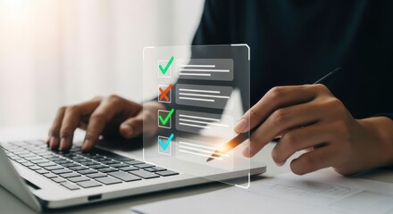 Photo of a person uses a pen to mark a digital checklist on a laptop screen, showing completed, pending, and incorrect tasks, signifying evaluation and progress tracking