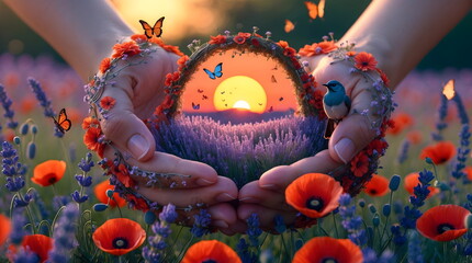 Surreal Hands of Lavender Holding Poppies and Butterflies at Sunset