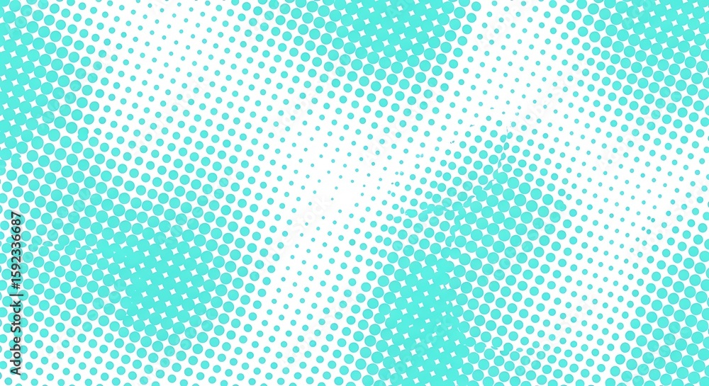 Poster abstract halftone pattern with turquoise dots on a white background, creating a textured and faded e