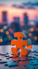 Single Puzzle Piece with a Cityscape Bokeh Background