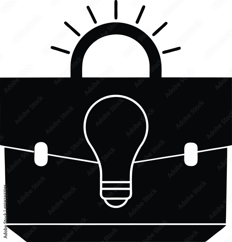 Poster silhouette of a briefcase with a glowing light bulb icon isolated on transparent background