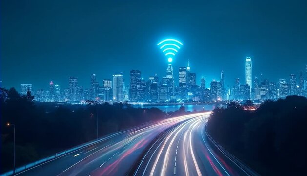 Glowing wireless signals hover above a futuristic city skyline at night, depicting digital network connectivity and fast moving light trails on busy roads.