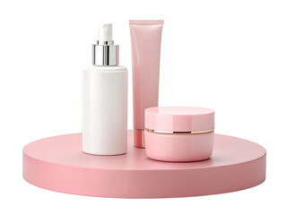Transparent isolated png of white pump bottle, pink tube, and pink cream jar, cosmetic items standing on a round pink pedestal.