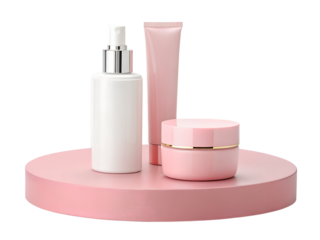 Transparent isolated png of white pump bottle, pink tube, and pink cream jar, cosmetic items standing on a round pink pedestal.