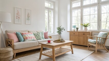 Fototapeta premium Scandinavian Living Room with Light Wood and Pastel Accents