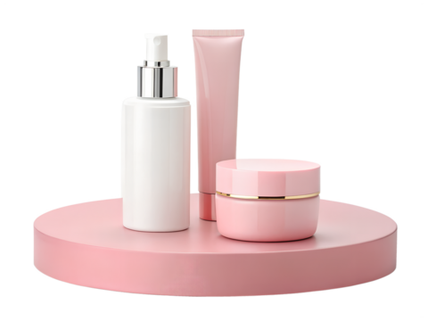 Transparent isolated png of white pump bottle, pink tube, and pink cream jar, cosmetic items standing on a round pink pedestal.