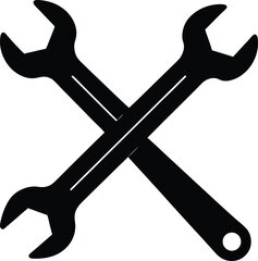Iconic silhouette of a crossed wrench and spanner symbolizing mechanics and repair isolated on transparent background