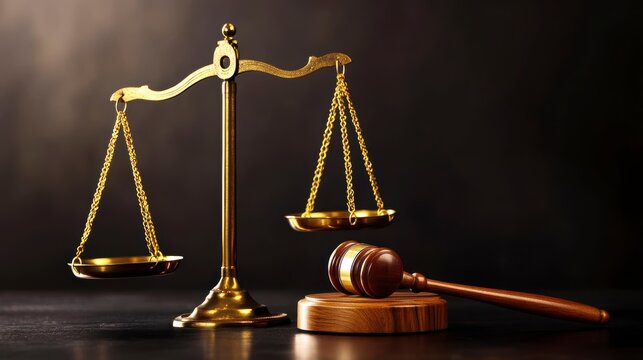 Golden scales of justice and judge's gavel on dark background.