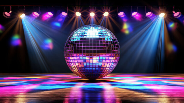 A shiny disco ball on a wooden stage floor with colorful club lights. Party and celebration concept for event invitation or poster.