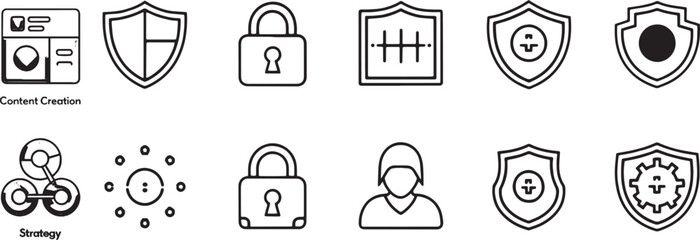 Outline security icon pack with shield lock padlock and virus elements representing cybersecurity digital safety firewall encryption and protection symbols