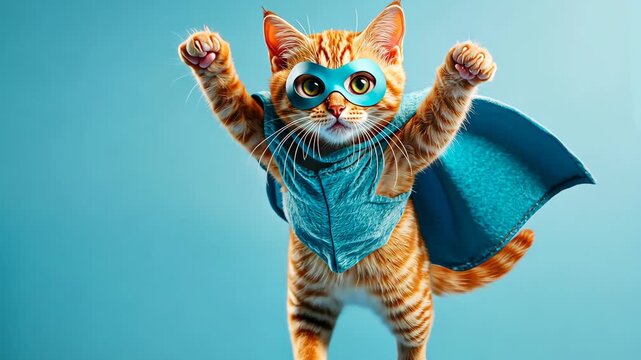 Superhero Cat in Blue Costume on Blue Background