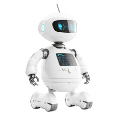 Futuristic robot with screen display and wheeled movement for advanced interaction