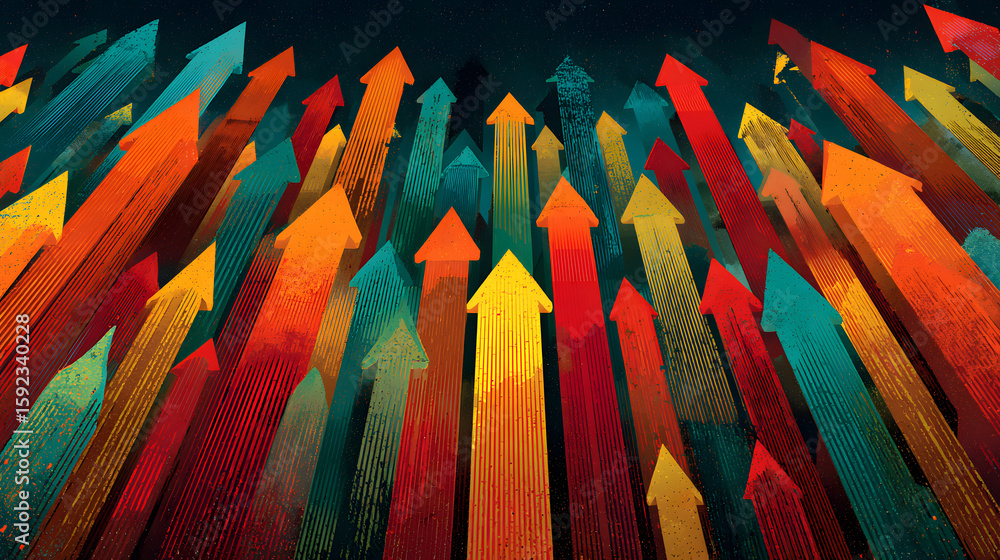 Poster a colorful image of many arrows pointing upwards. the arrows are in different colors and sizes, and 