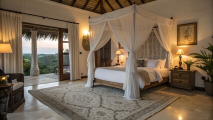 Fototapeta premium Master Bedroom with White Canopy Bed and Soft Drapes