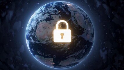 Cybersecurity data protection lock icon glowing on rotating digital earth, global privacy and technology security animation concept - Powered by Adobe