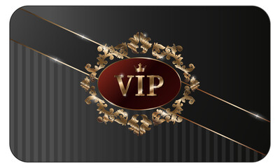 VIP card on black background with elegant black and gold design. Premium gold invitation for club members, casino. Vector illustration.