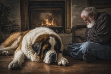 Elderly Man And Saint Bernard