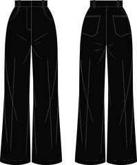 High-waisted wide-leg pants for women, fashion sketch with front and back view, cad drawing flat vector illustration for clothing design