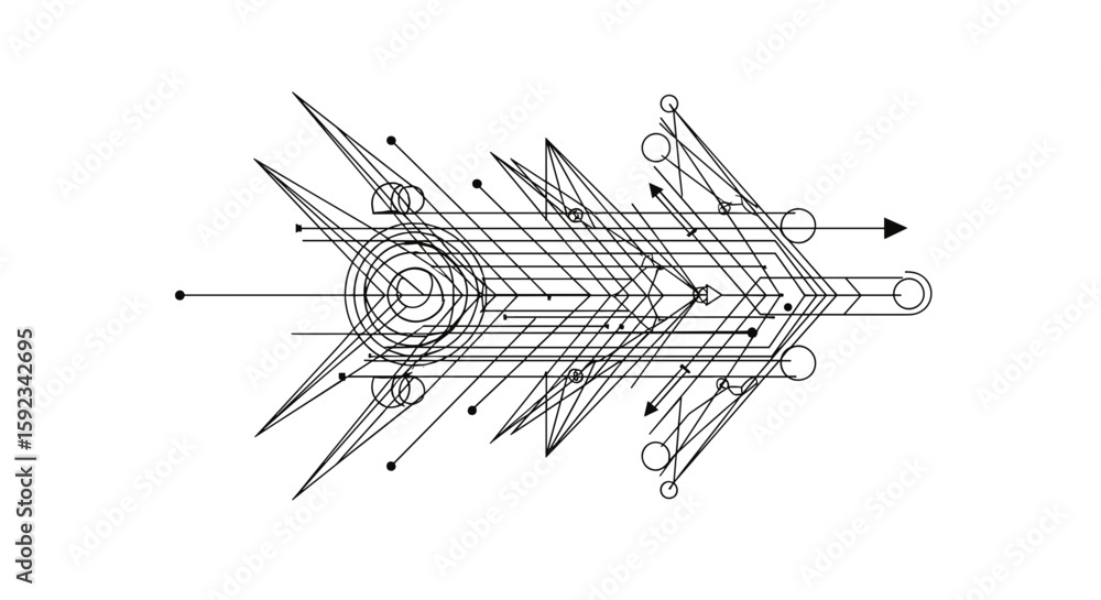 Poster geometric abstract design featuring circles triangles and lines in a symmetrical arrangement on whit