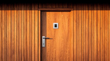 Fototapeta premium A sleek wooden door stands centered in a paneled wooden wall illuminated by natural sunlight.