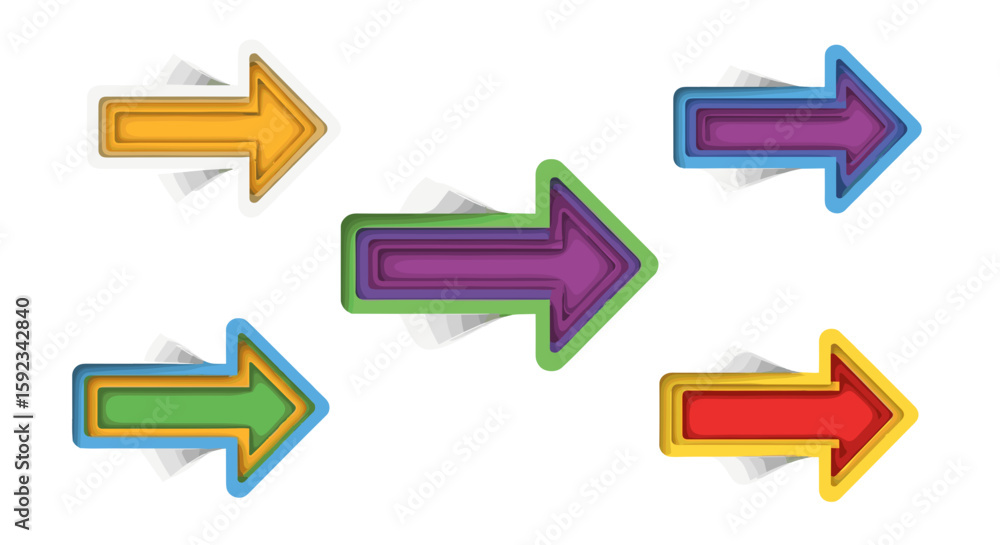 Aufkleber collection of five colorful layered arrows pointing right with slight shadow on a white background