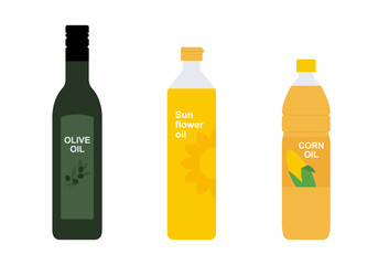 Cooking oils in bottles: olive oil, sunflower oil, and corn oil. Simple illustration, stock flat vector, isolated.