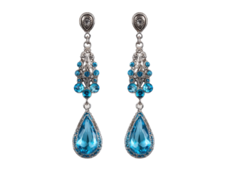 Ornate silver dangle earrings with sparkling blue teardrop gemstones image, Isolated, Transparent Png