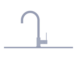 Kitchen faucet with minimalist handle and curved spout, side view. Modern tap fixture for water supply, isolated on white background. Simple illustration, stock flat vector, isolated.