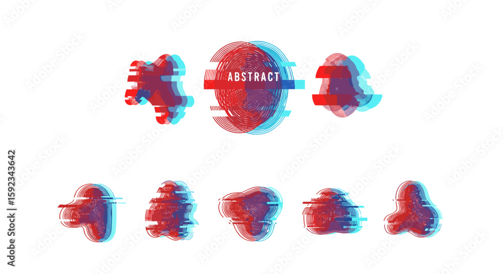 Poster collection of abstract glitch art elements in red and blue on a white isolated background design vec