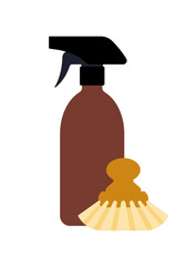 Cleaning spray bottle and scrubbing brush. Household cleaning tools in simple vector style. Simple illustration, stock flat vector, isolated.