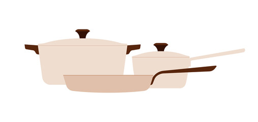 Set of cooking pots including Dutch oven, sauté pan and frying pan. Collection of essential kitchen cookware in flat minimalist style. Simple illustration, stock flat vector, isolated.