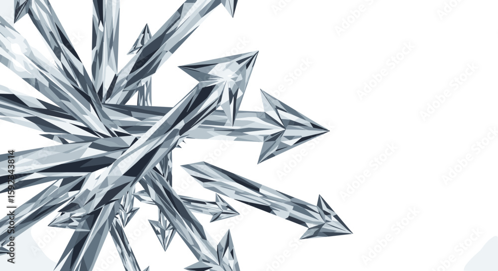 Poster abstract arrangement of metallic arrows pointing in different directions on a white background