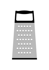Box grater with large holes and black handle. Metal kitchen tool for shredding cheese or vegetables, shown in flat minimalist style. Simple illustration, stock flat vector, isolated.