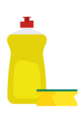 Dishwashing liquid bottle and two kitchen sponges. Cleaning supplies for washing dishes and maintaining kitchen hygiene, in flat minimalist style. Simple illustration, stock flat vector, isolated