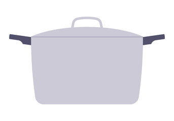 Cooking pot with lid and side handles. Kitchen cookware used for boiling, stewing, or preparing soups. Simple illustration, stock flat vector, isolated.