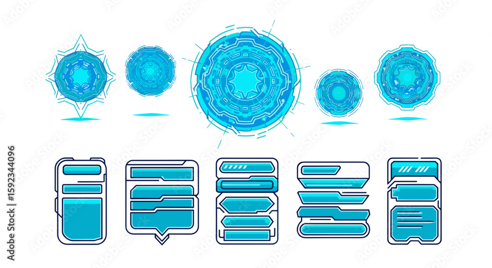 Poster collection of futuristic user interface elements with glowing blue holographic displays and panels d