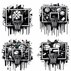 Basketball hoop in graffiti style with black spray paint